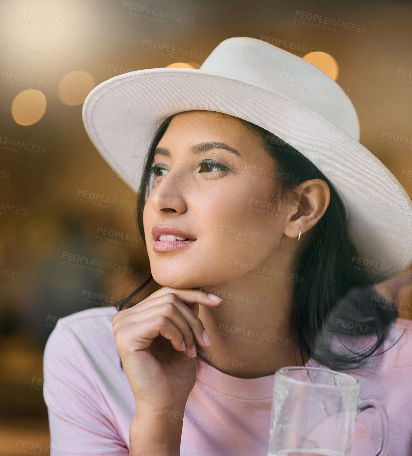 Buy stock photo Thinking, woman and restaurant of a young person with a beer glass with bokeh light. Beautiful, contemplating and female with a memory and idea at a coffee shop contemplating travel in a cafe