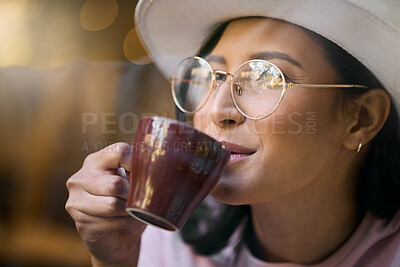 Buy stock photo Mockup, coffee and woman relax at a cafe, smile and happy against a blurred background. Face, tea and girl tourist at a restaurant for break, chilling and leisure on the weekend, peaceful and calm