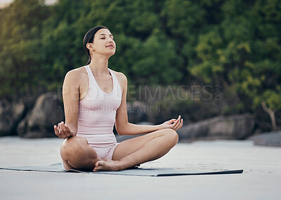 Buy stock photo Woman, relax and yoga in nature for wellness, peace and zen, pose and balance on blurred background. Fitness, girl and meditation, training and energy outdoor for peaceful, mindset and chakra workout