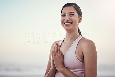 Buy stock photo Portrait, woman and yoga at the beach for wellness, peace and zen, pose and balance on light mockup. Face, girl and meditation, training and energy outdoor for peaceful, mindset or chakra workout