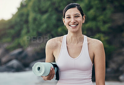 Buy stock photo Woman, yoga and fitness portrait in nature while outdoor for exercise, training and workout. Happy model person with mat for zen, peace and holistic time for health and wellness with beach pilates