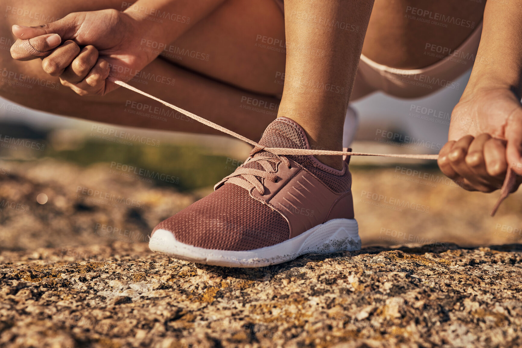 Buy stock photo Fitness, hands and tie shoes in nature to start running, workout or training. Sports, wellness and female or woman tying sneaker laces or footwear to get ready for exercising, cardio or jog outdoors.
