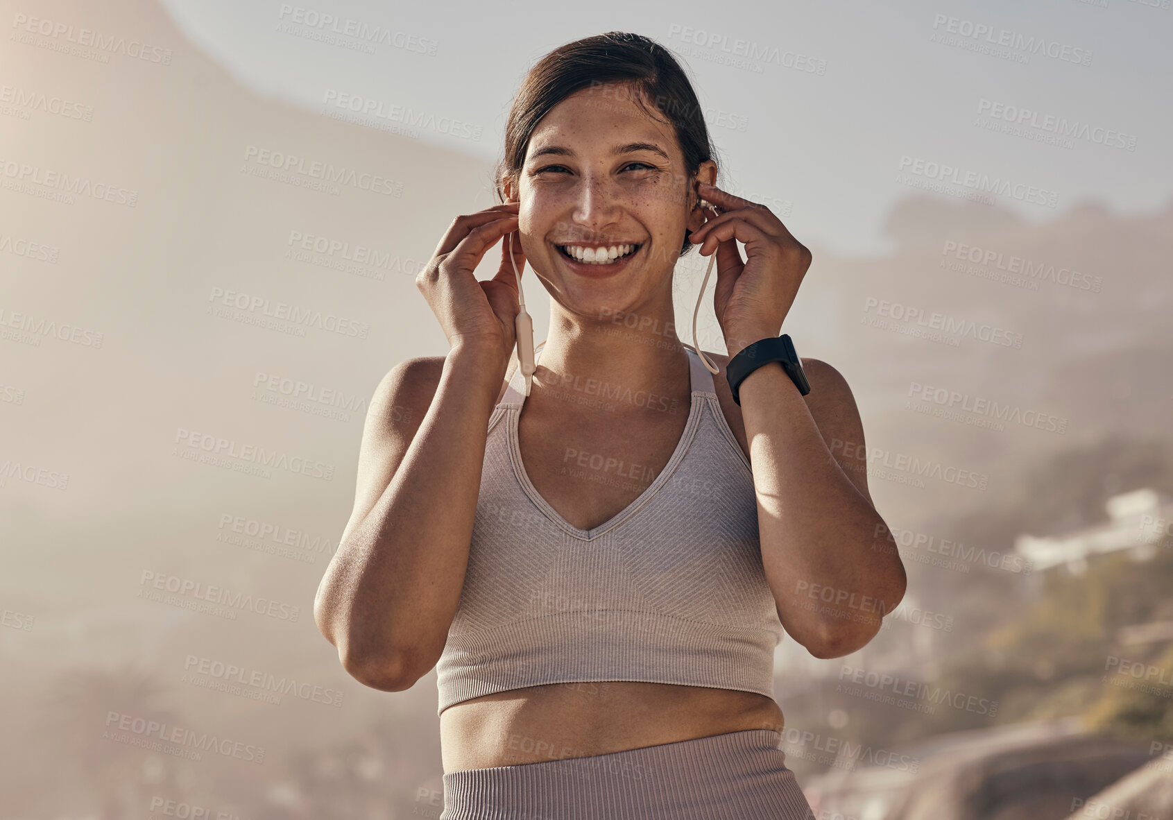 Buy stock photo Portrait, fitness and music for woman in nature for running, training and cardio on blurred background. Happy, face and radio for girl outdoor for exercise, wellness and motivation with podcast track