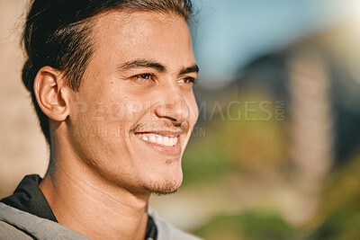 Buy stock photo Happy man, face and smile for fitness, break or ready for routine exercise or workout in nature. Sporty male smiling in calm, peace or healthy exercising for cardio, day or running in the outdoors