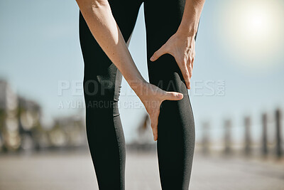 Buy stock photo Fitness, pain and hands holding leg while running, exercise accident and knee problem while training. Injury, emergency and woman with a muscle strain, ligament sprain and body spasm during a workout