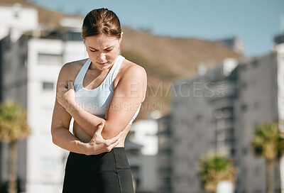 Buy stock photo Injury, fitness and woman with arm pain after running, broken bone and sprain after exercise in city. Accident, sports and athlete runner with a body accident, muscle strain and injured with mockup