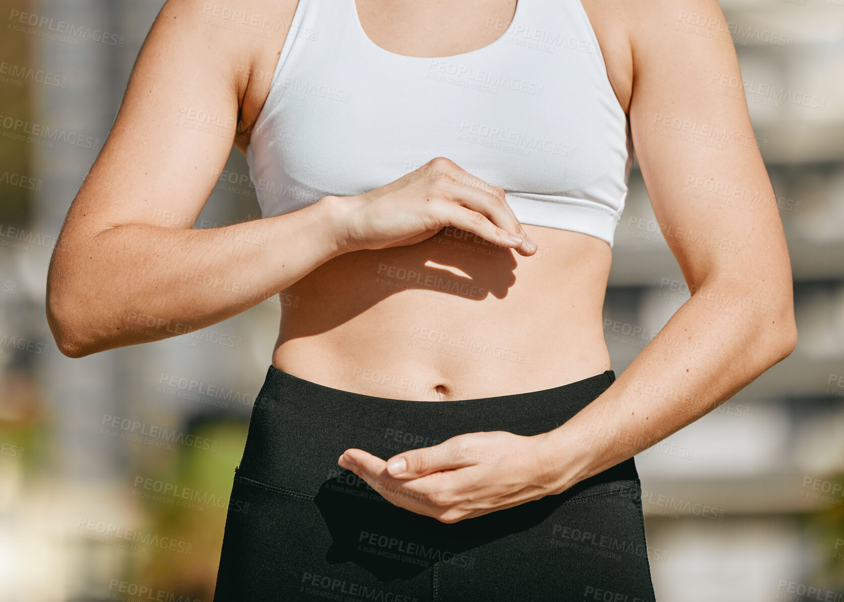 Buy stock photo Hands frame, fitness and stomach for diet wellness, body health or abs muscle growth in workout, training or exercise. Weight loss, sports and woman with liposuction, tummy tuck or gut digestion.