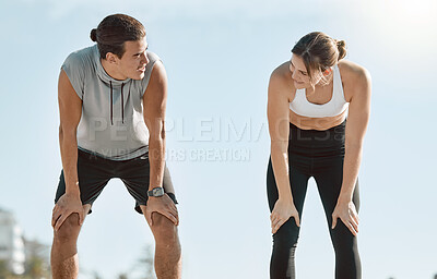 Buy stock photo Tired couple, fitness and exercise on blue sky mockup space for health and wellness outdoor. Man and woman in nature for workout, breath and healthy lifestyle for body fatigue, support and motivation
