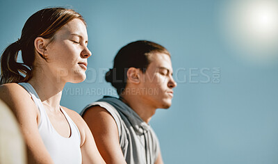 Buy stock photo Fitness, exercise and meditation couple on blue sky mockup space for health and wellness outdoor. Man and woman in nature for workout, mental health and healthy lifestyle for body and mind in summer