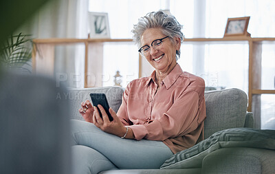 Buy stock photo Elderly woman with smartphone, communication and relax at home, social media and happy with technology. Retirement, internet and chat online with wifi, happiness with reading ebook or news on website