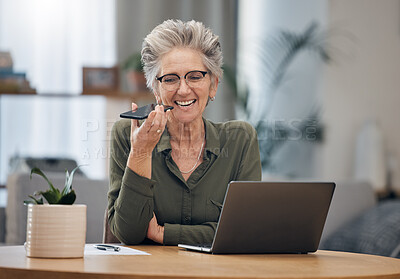 Buy stock photo Senior female businesswoman, phone voice recording as a lawyer woman talking legal advice on mobile conversation in an office. Elderly and mature corporate employee with positive communication