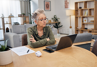 Buy stock photo Senior woman, online debt and computer of an elderly person planning retirement savings. Digital budget, paperwork and laptop of an old female reading financial, banking and insurance data or bills