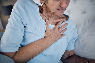 Buy stock photo Health, old woman in bed and chest pain in the morning, discomfort and emergency for illness. Medical, mature female and elderly lady in bedroom, heart attack and panic attack with hand touching body