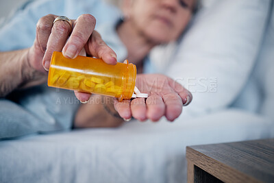 Buy stock photo Insomnia pills, depression and senior woman in bed sleeping for pharmaceutical, psychology or mental health.  Depressed, addiction and medicine of sick elderly person, drugs help or risk in bedroom