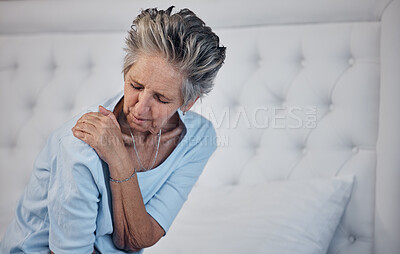 Buy stock photo Shoulder pain, elderly woman and health with injury and old age, medical emergency with sick person and wellness. Inflammation, muscle tension and mockup, arthritis or fibromyalgia with healthcare 