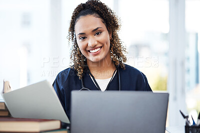 Buy stock photo Nurse, laptop or medical student portrait with research books, education studying or learning in university hospital. Smile, happy or healthcare woman on technology in scholarship medicine internship