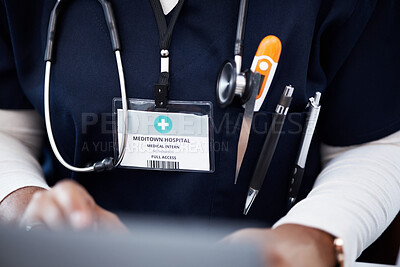 Buy stock photo Doctor, stethoscope or ID card in hospital identification, name or icu pass for clinic learning or laptop education. Zoom, woman or healthcare nurse and medical thermometer or student internship tag