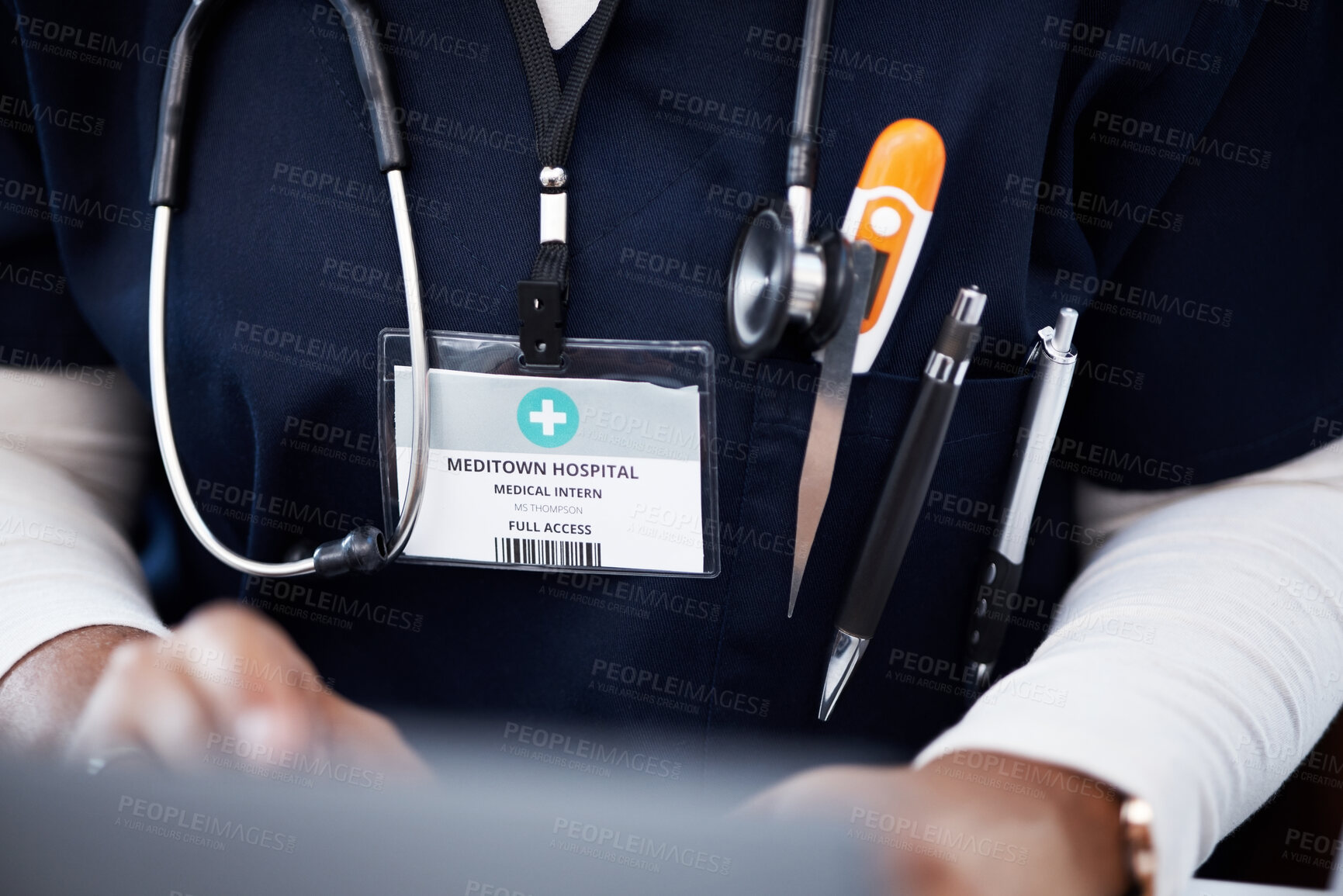 Buy stock photo Doctor, stethoscope or ID card in hospital identification, name or icu pass for clinic learning or laptop education. Zoom, woman or healthcare nurse and medical thermometer or student internship tag