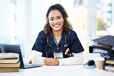 Buy stock photo Nurse, portrait or laptop with medical student books, research education studying or hospital learning university. Smile, happy or healthcare woman with technology in scholarship medicine internship