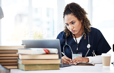 Buy stock photo Medical student, laptop or writing books in education research, wellness studying or hospital learning college. Thinking, nurse or healthcare woman with technology in scholarship medicine internship