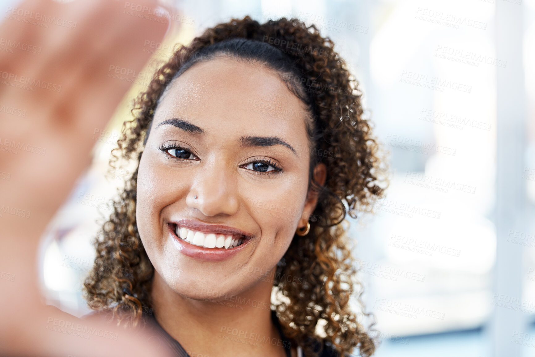 Buy stock photo Woman, doctor or portrait selfie in hospital pov, about us or profile picture for social media help. Zoom, smile or happy nurse in photography for face ID, healthcare identification or medicine trust