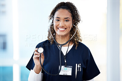 Buy stock photo Nurse, portrait or stethoscope check at hospital mockup for cardiovascular, asthma lungs or woman heart wellness. Smile, happy or healthcare worker and medical equipment for surgery doctor consulting