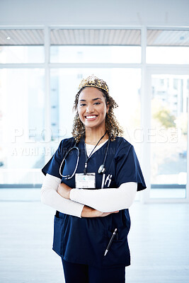 Buy stock photo Doctor woman, crown and celebration portrait for career goals, achievement or success for smile in clinic. Happy medic, nurse and arms crossed with stethoscope, award or winning in hospital workplace