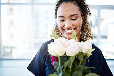 Buy stock photo Woman, face and happy for valentines day flowers, love and care as gift for kindness, birthday or romance. Doctor person with rose flower bouquet and mockup space with gratitude, happiness and hope