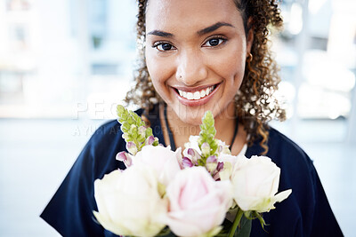 Buy stock photo Portrait, therapist and woman with flowers or roses smile, happy and holding a gift or present feeling excited. Bouquet, happiness and medical professional in celebration for a promotion