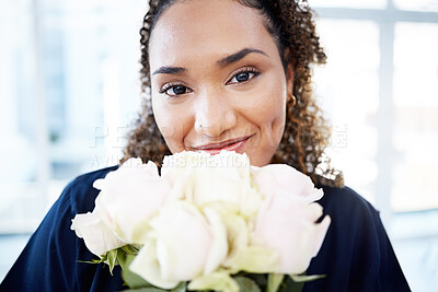 Buy stock photo Portrait, nurse and healthcare professional with flowers or roses smile, happy and holding a gift or present feeling excited. Bouquet, happiness and medical woman in celebration for a promotion