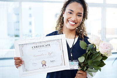 Buy stock photo Certificate, flowers and portrait with a black woman graduate in the hospital, proud of her achievement. Smile, graduation and qualification with a happy young female nurse standing alone in a clinic