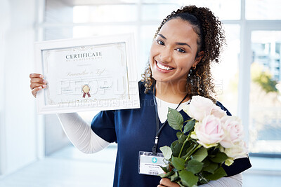 Buy stock photo Certificate, rose and portrait with a black woman graduate in the hospital, proud of her achievement. Smile, graduation and qualification with a happy young female nurse standing alone in a clinic