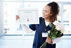 Certificate, flowers and a black woman graduate in the hospital feeling proud of her achievement. Smile, graduation and qualification with a happy young female nurse standing alone in a clinic