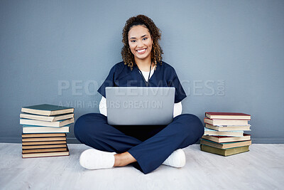 Buy stock photo Nurse, portrait or laptop in hospital research, wellness books study or education in medicine scholarship on mockup wall. Smile, happy or medical student on healthcare technology for woman internship