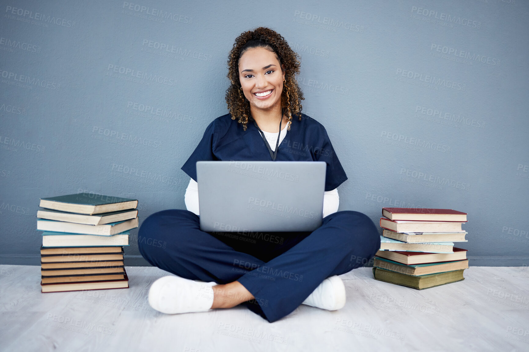 Buy stock photo Nurse, portrait or laptop in hospital research, wellness books study or education in medicine scholarship on mockup wall. Smile, happy or medical student on healthcare technology for woman internship