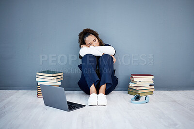 Buy stock photo Nurse, stress and medical student depression on laptop, research books or hospital fatigue in learning burnout. Tired, sad and healthcare woman by technology in medicine internship anxiety on mock up
