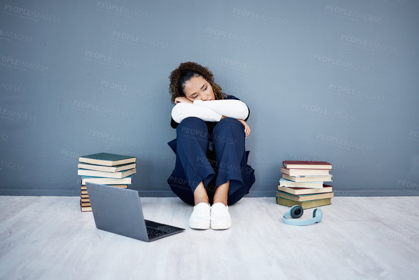 Buy stock photo Nurse, stress and medical student depression on laptop, research books or hospital fatigue in learning burnout. Tired, sad and healthcare woman by technology in medicine internship anxiety on mock up