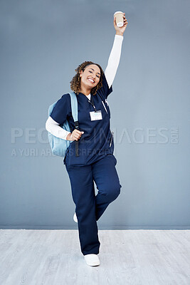 Buy stock photo Woman, portrait or excited in medical school success, hospital internship goals or medicine university dream. Smile, happy or nurse and backpack, coffee or motivation on isolated mockup for education