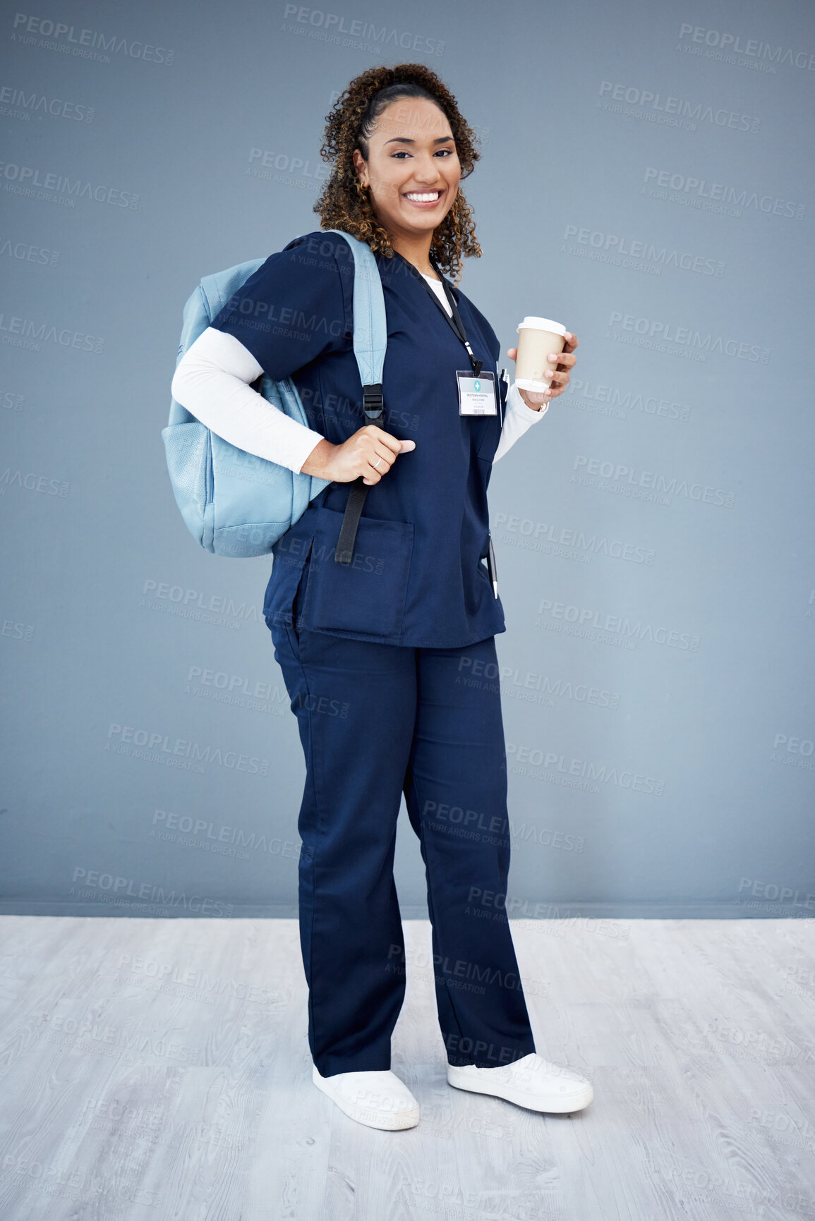 Buy stock photo Woman, portrait or backpack for medical school, hospital internship goals or medicine university dream. Smile, happy or nurse with coffee on isolated mockup for education with learning bag for study