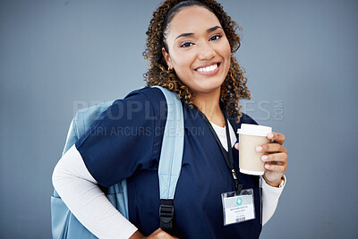 Buy stock photo Doctor, portrait and backpack for medical student, hospital internship or medicine university on isolated wall mockup. Smile, happy and woman and coffee, nurse ideas or healthcare goals for learning