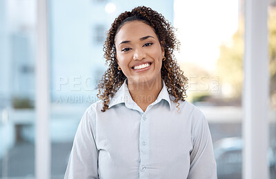 Buy stock photo Happy, office and portrait of black woman with smile for success, ideas and motivation in corporate workplace. Leadership, business and female entrepreneur in Mexico with goals, mission and pride