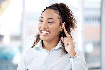 Buy stock photo Happy, deaf and black woman with cochlear implant in office for communication, translation and speech on blurred background. Disability, hearing and female employee for sign language, hand or gesture