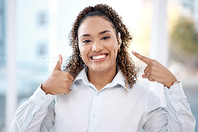 Buy stock photo Woman, portrait and thumbs up for hearing aid, auditory treatment or audiologist at health clinic. Happy female with smile showing hand gesture or thumb emoji for listening success, trust or thanks