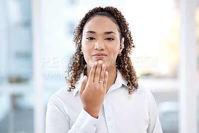 Buy stock photo Portrait, deaf and black woman in office with thank you, hand and gesture on blurred mockup background. Face, cochlear implant and disability by girl employee sign language, symbol or communication