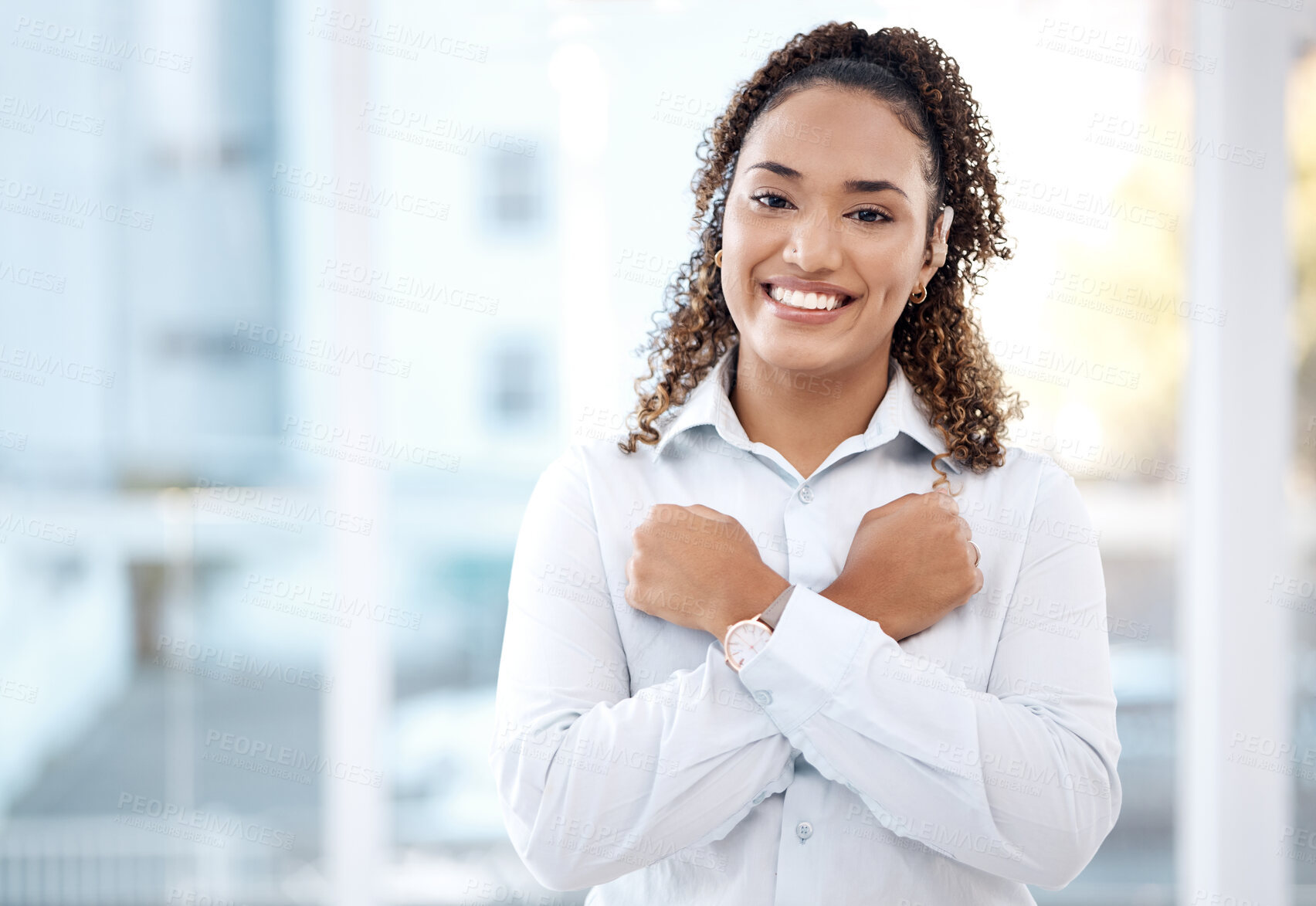 Buy stock photo Deaf, portrait and black woman in office with hug, hand and gesture on blurred mockup background. Face, cochlear implant and disability by girl employee with sign language, symbol or communication