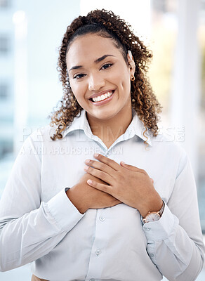 Buy stock photo Happy, black woman and business portrait with hands on chest for care, kindness and love for charity. Face of person with smile and emoji for heart, thank you and gratitude or trust and hope mockup