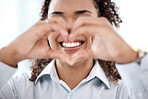 Black woman, hands and heart emoji for love, charity and support with teeth smile. Happy face of person with shape for care, valentines day and hope or icon sign for review, kindness and feedback