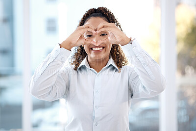 Buy stock photo Hands, black woman and portrait with heart emoji for love, charity and support with a happy smile. Face of business person with shape for care, valentines day and hope or sign for review and feedback