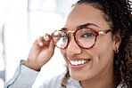 Black woman, face and smile with glasses for eye care, vision and designer frame, prescription lens and optometry. Portrait, fashion eyewear and health for eyes for wellness and happy with choice