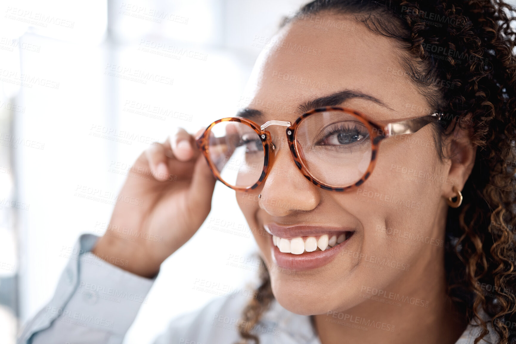 Buy stock photo Black woman, face and smile with glasses for eye care, vision and designer frame, prescription lens and optometry. Portrait, fashion eyewear and health for eyes for wellness and happy with choice